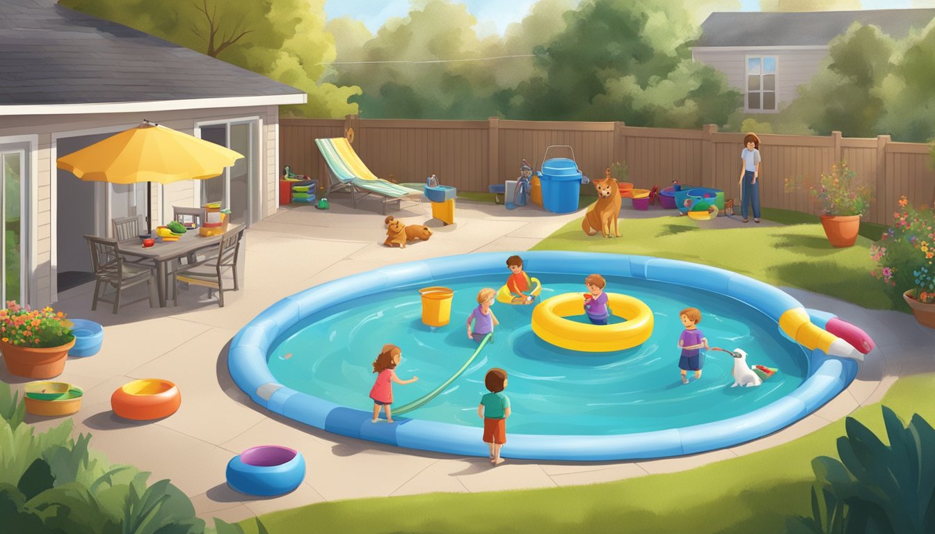 A sunny backyard with a colorful kiddie pool surrounded by toys and a hose for filling. A parent or caregiver is nearby, supervising the children playing in the water