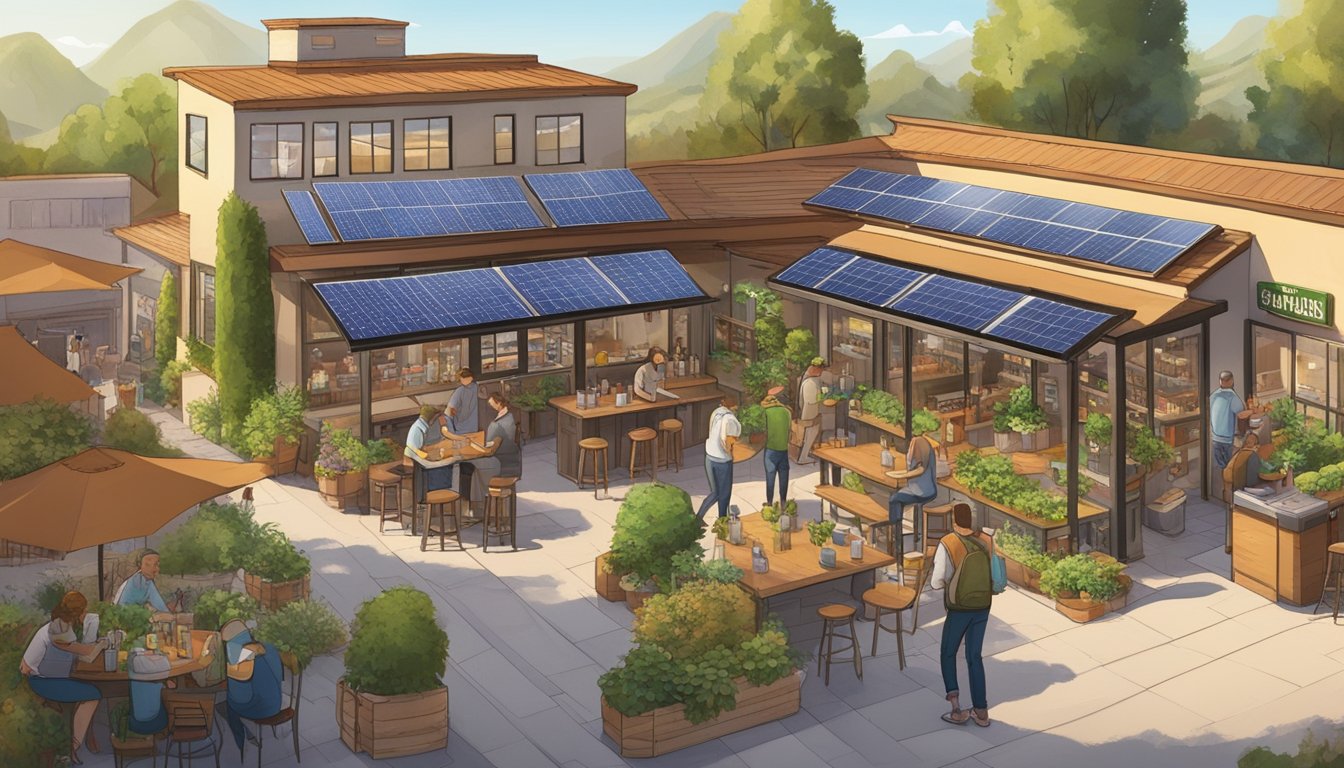 A bustling brewery in Escondido, CA, with solar panels, recycling bins, and a lush garden. Patrons enjoy local craft beer on a sunny patio