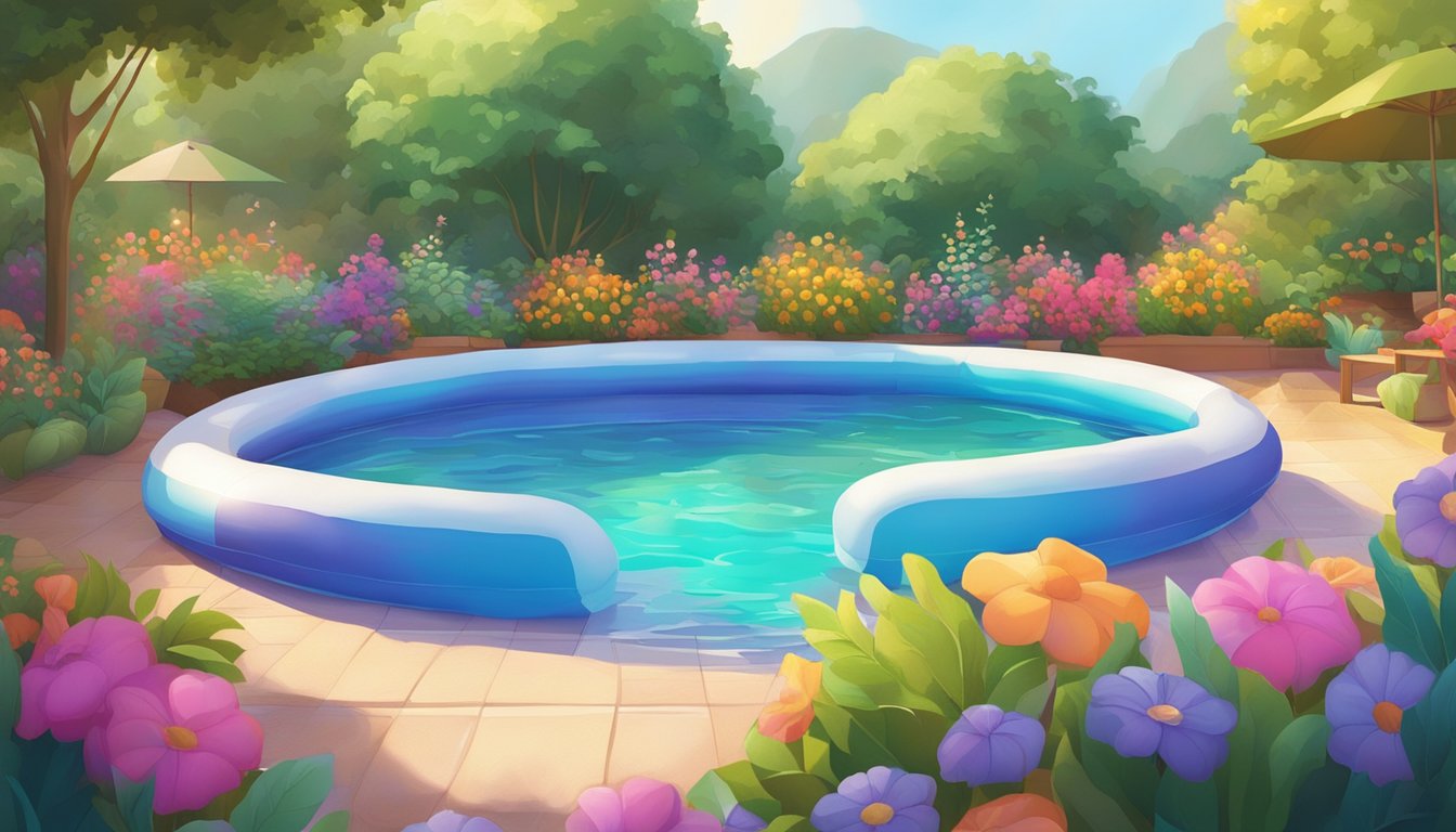 A colorful array of inflatable kiddie pools surrounded by lush green plants and vibrant flowers, with a soft, inviting glow from string lights overhead