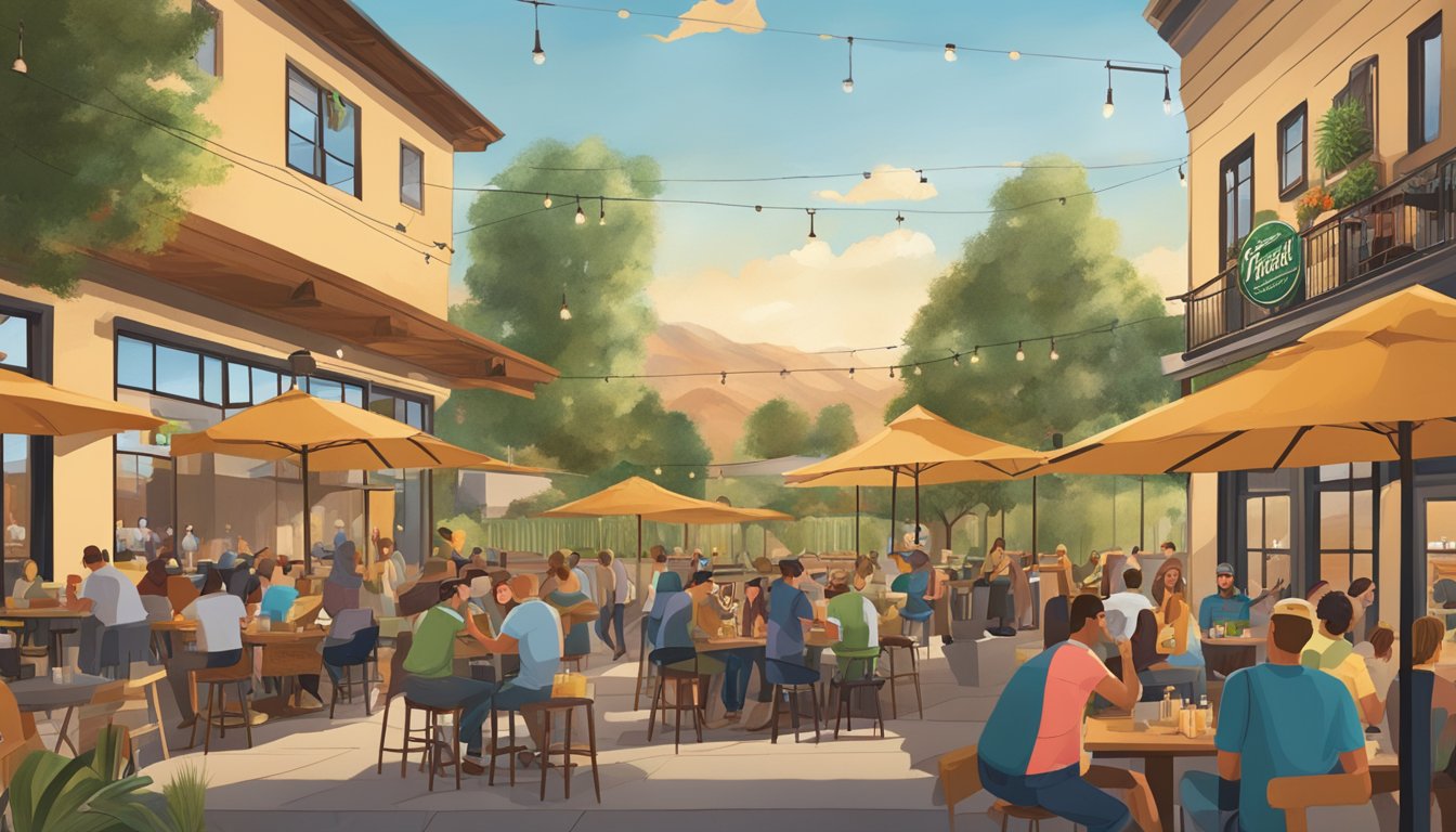 A bustling craft beer scene with lively breweries, outdoor patios, and groups of friends enjoying tastings in Fontana, CA