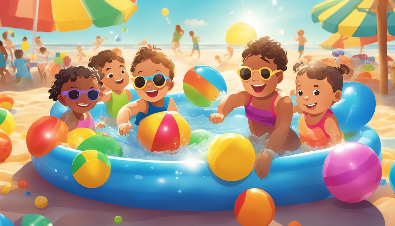 Children splashing in a colorful kiddie pool surrounded by inflatable toys and beach balls, with a bright sun shining in the background