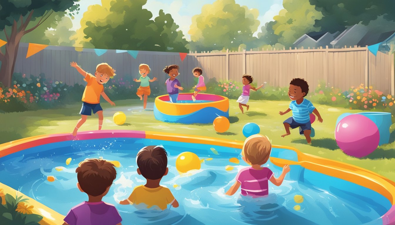 A sunny backyard with a colorful array of kiddie pools, surrounded by happy children splashing and playing