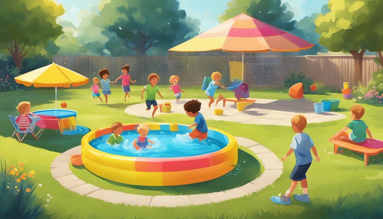 A sunny backyard with various colorful kiddie pools displayed on a grassy area, surrounded by happy children playing and splashing in the water