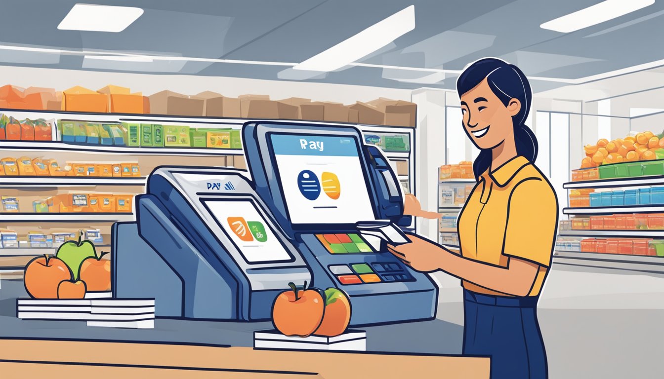 A customer uses Apple Pay at an Aldi checkout, tapping their phone to the payment terminal. The cashier smiles as the transaction completes smoothly