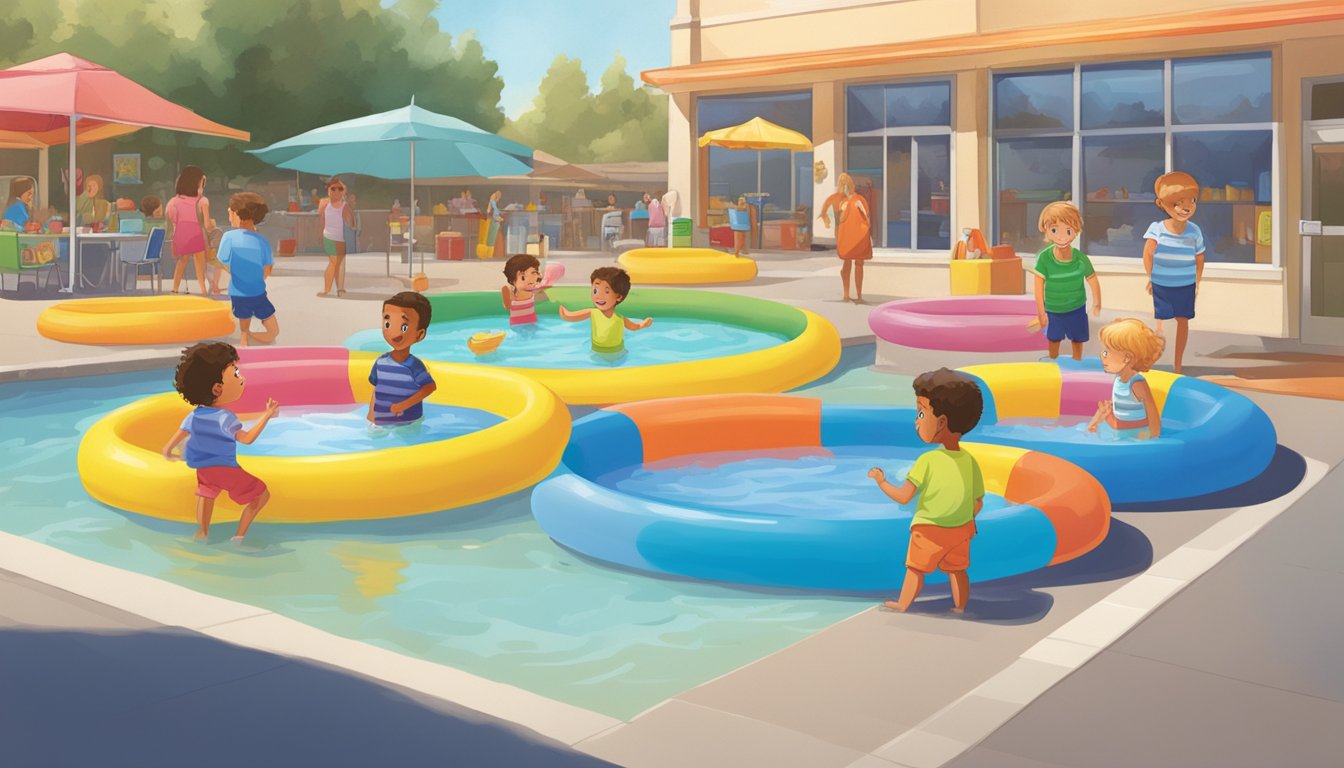 Children playing in colorful kiddie pools under the watchful eye of lifeguards at a Save Mart store