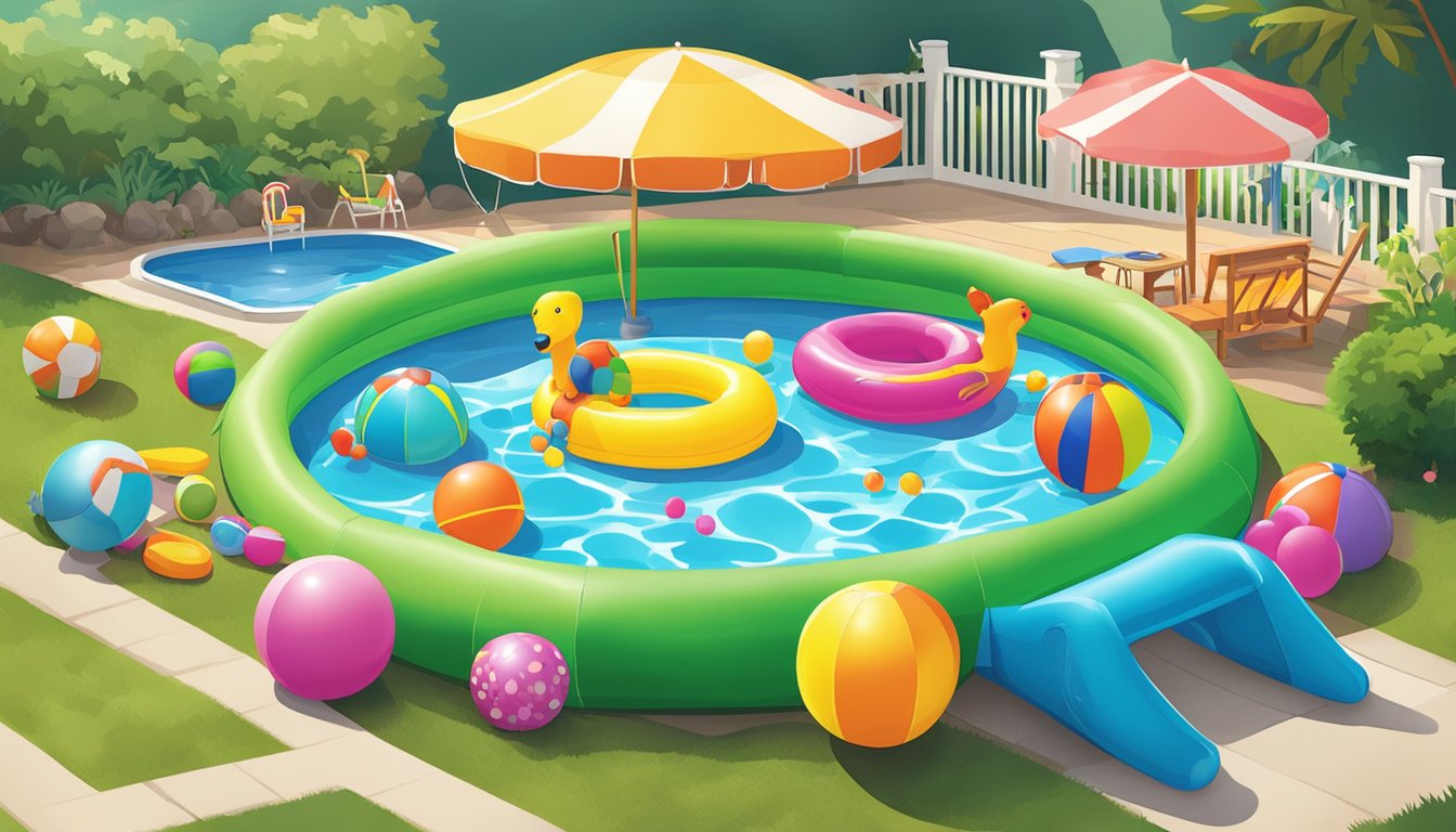 Children's pool toys and games surround a colorful kiddie pool in a sunny backyard. A variety of inflatable accessories and water toys are displayed near the pool