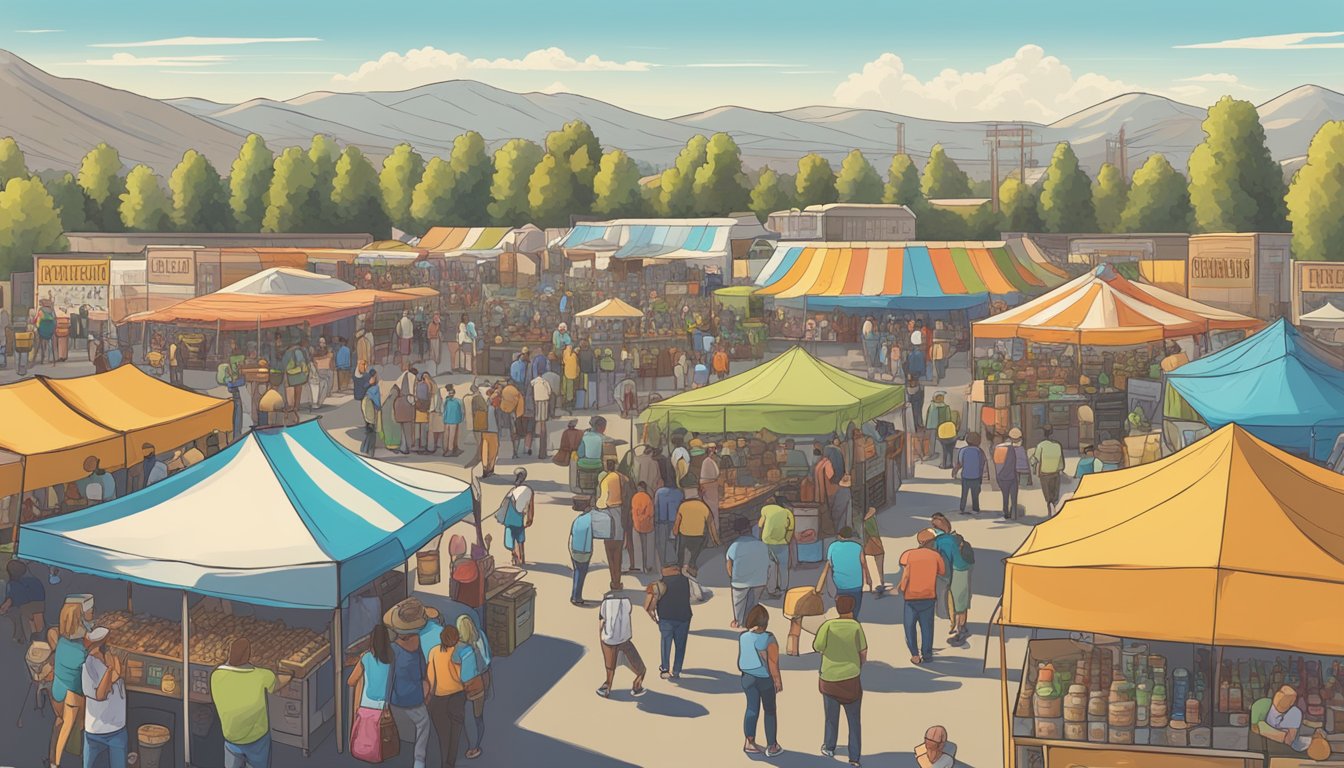 A bustling craft beer festival with rows of colorful vendor booths and a lively crowd sampling local brews in Fontana, CA