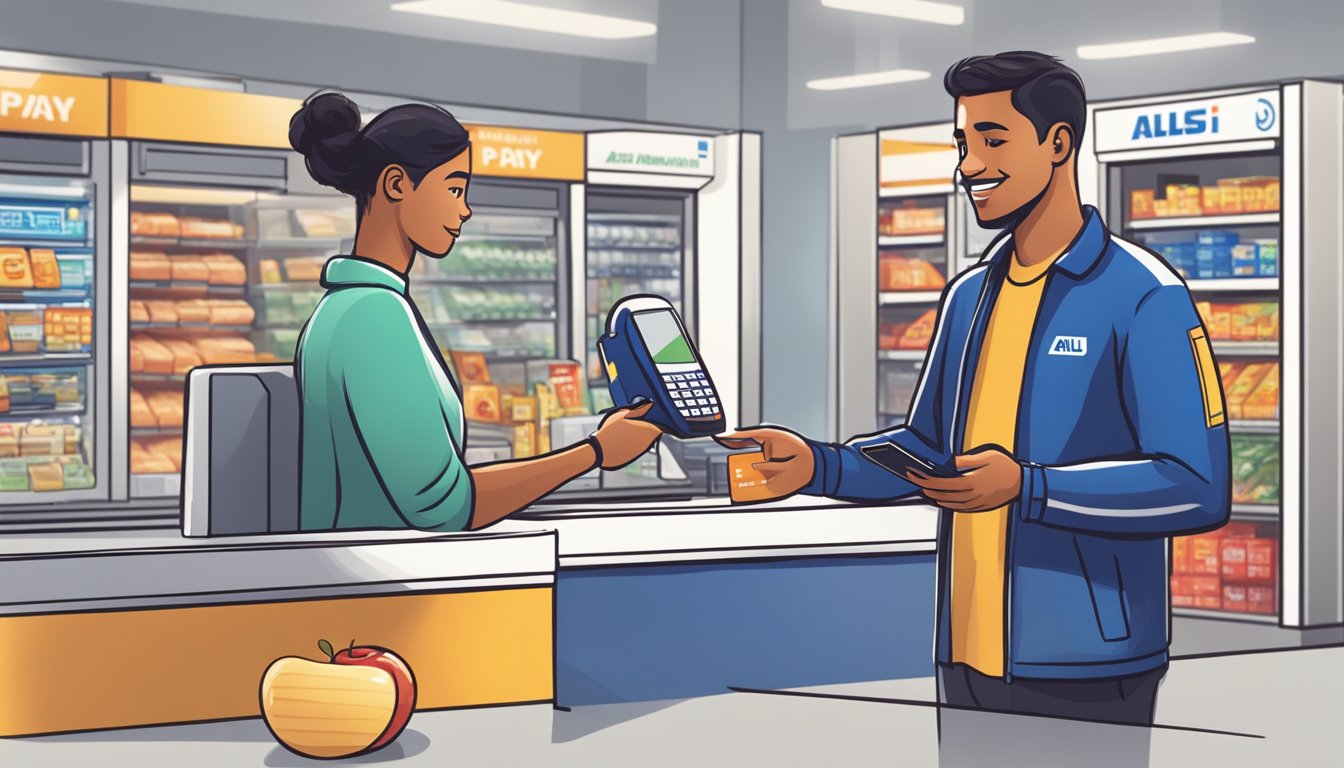 A cashier at Aldi scans a customer's phone to accept an Apple Pay transaction, while nearby, a traditional credit card is swiped at the checkout counter