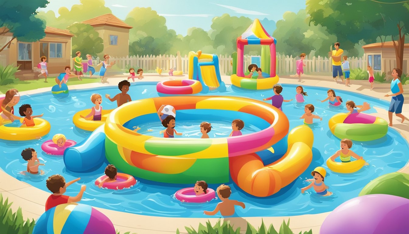 A colorful array of inflatable kiddie pools, surrounded by happy children and families, splashing and playing in the water on a sunny day