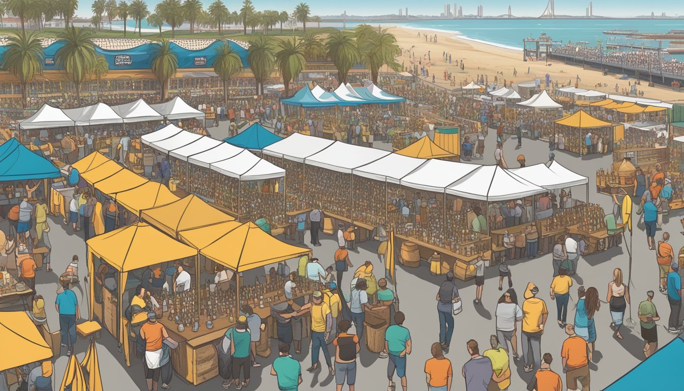 A bustling craft beer festival with rows of booths showcasing a variety of specialty brews, set against the backdrop of Long Beach, CA's waterfront