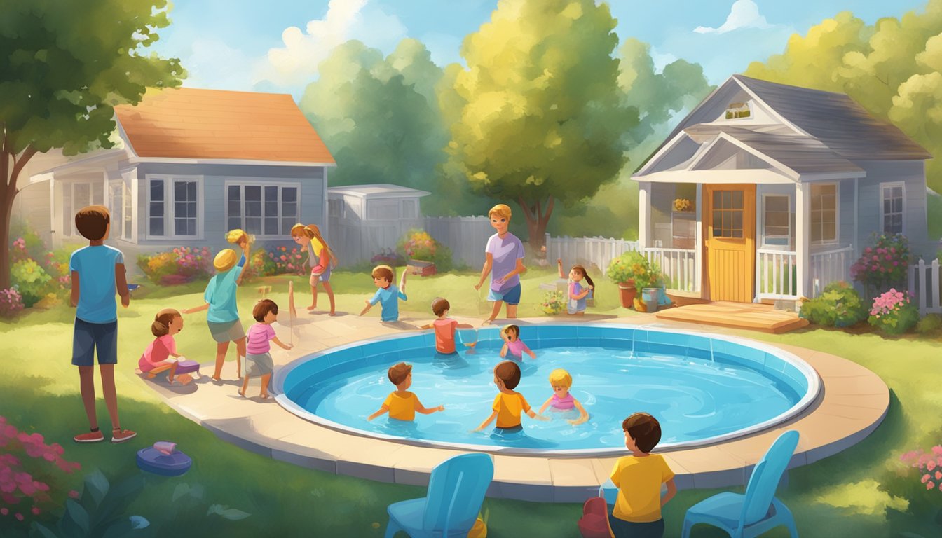 A sunny backyard with a colorful kiddie pool surrounded by happy children and families enjoying the cool water on a hot day