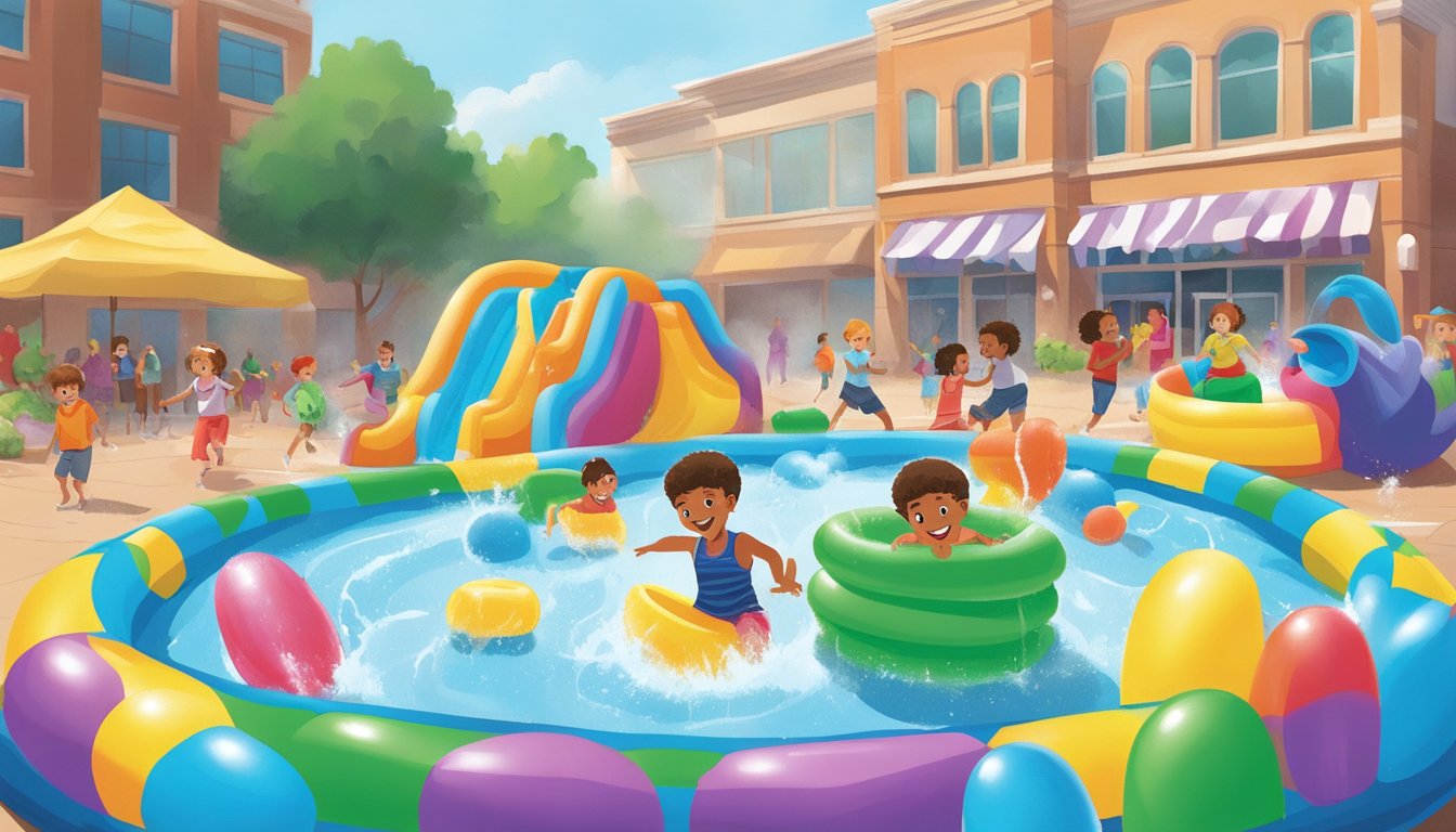 Children splashing in various kiddie pools at Harris Teeter, surrounded by colorful inflatable toys and water sprayers