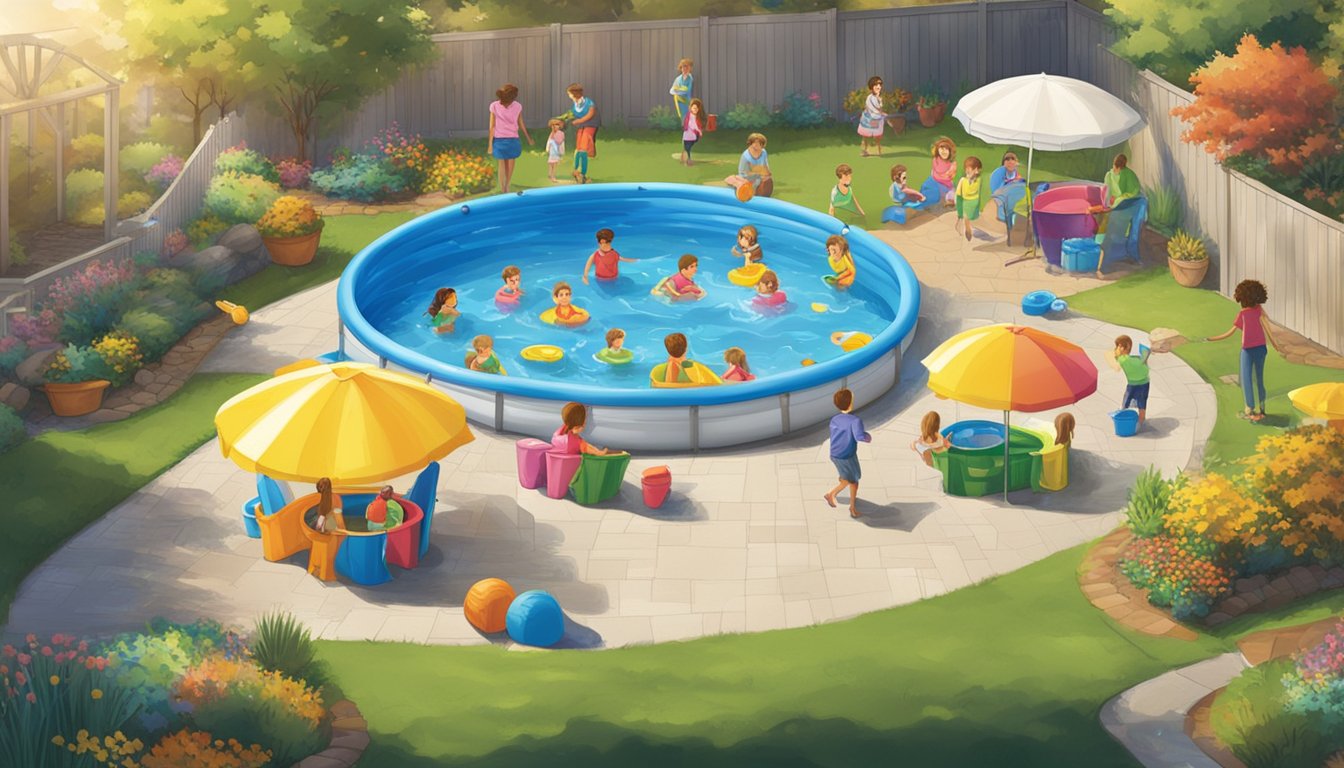 A sunny backyard with a variety of colorful kiddie pools displayed at Save Mart, surrounded by happy families and children playing in the water