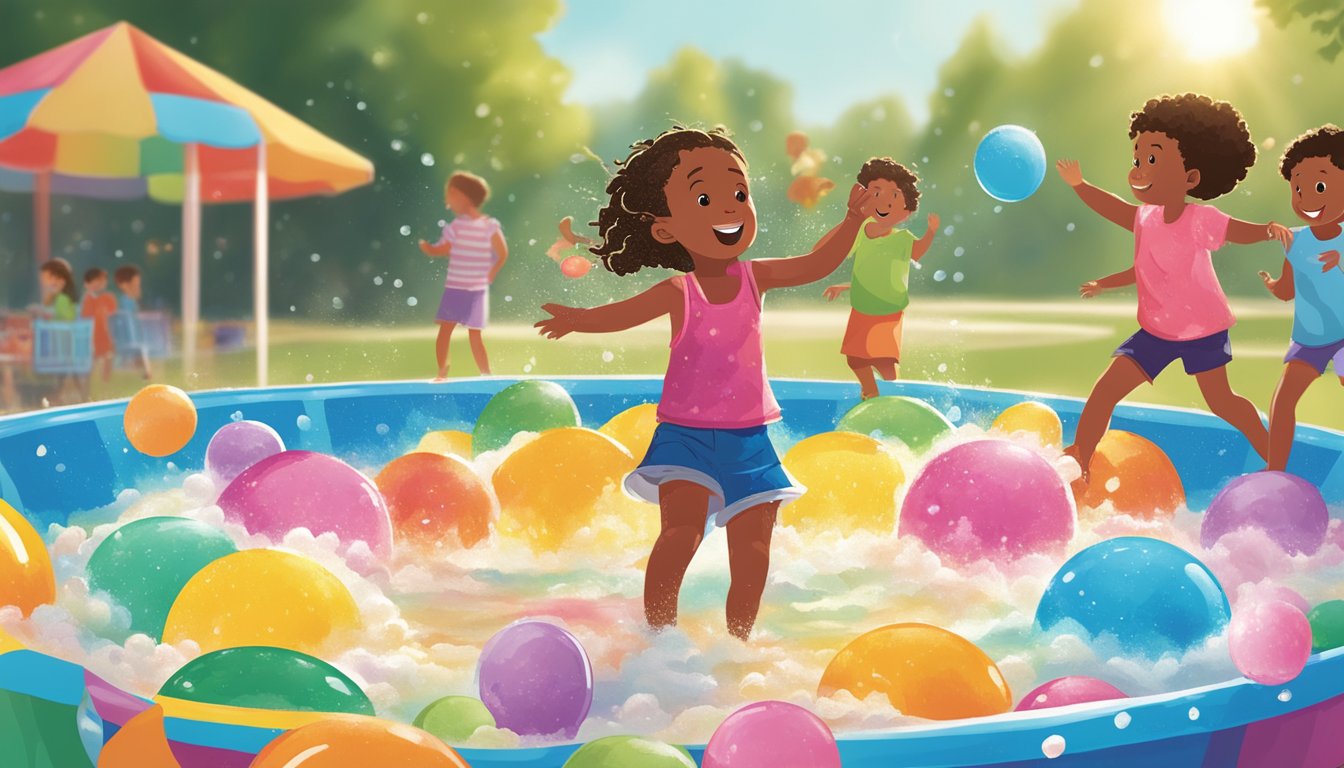 Children splashing in colorful kiddie pools at Harris Teeter, water droplets sparkling in the summer sun