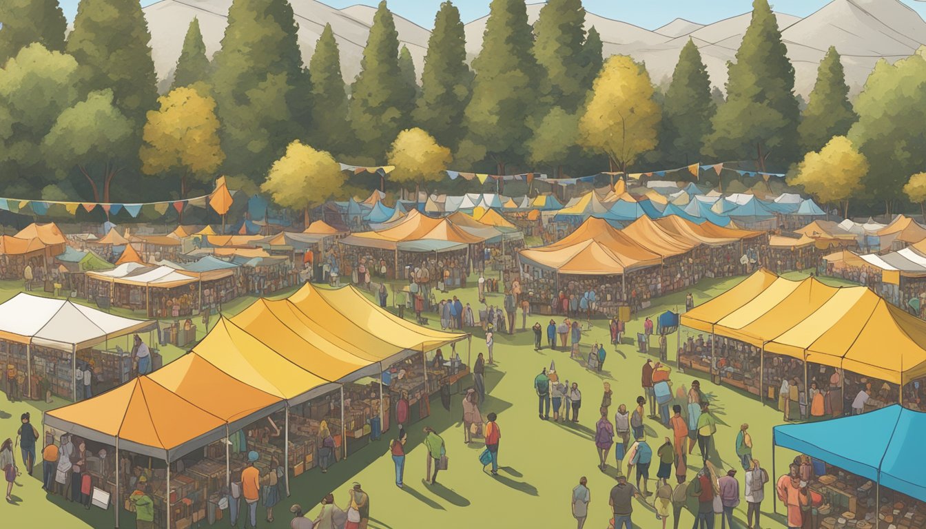 A bustling craft beer festival in Fresno, CA with rows of colorful tents showcasing a wide variety of local brews