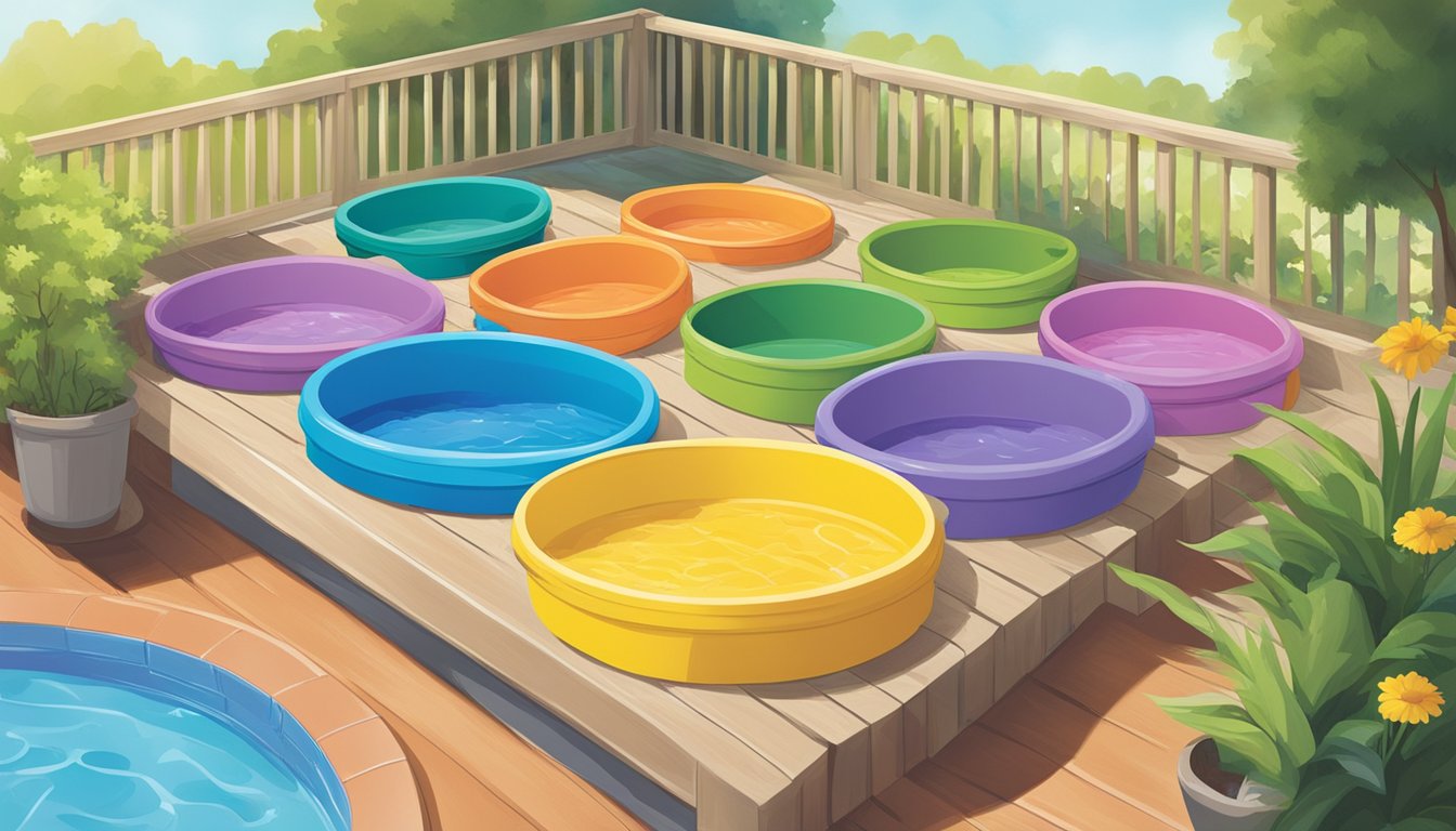 A sunny backyard with a variety of colorful kiddie pools displayed on a shelf at Save Mart