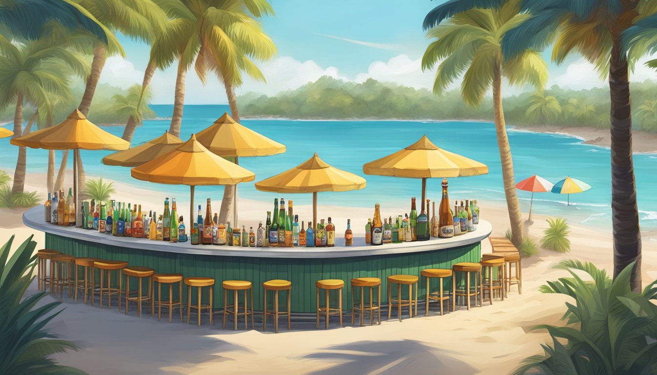 A beachside bar with a variety of local craft beer taps, surrounded by palm trees and beach umbrellas