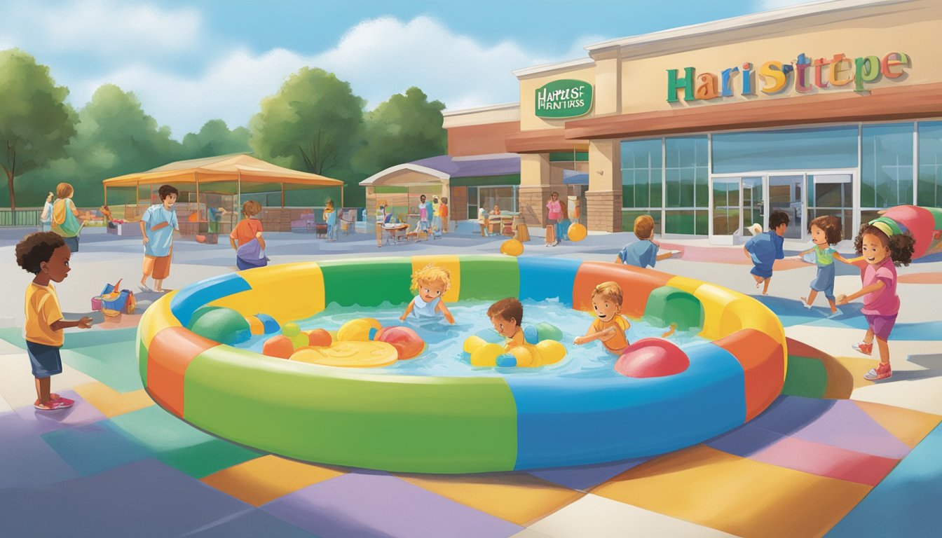 Children playing in various colorful kiddie pools surrounded by safety and maintenance supplies at Harris Teeter