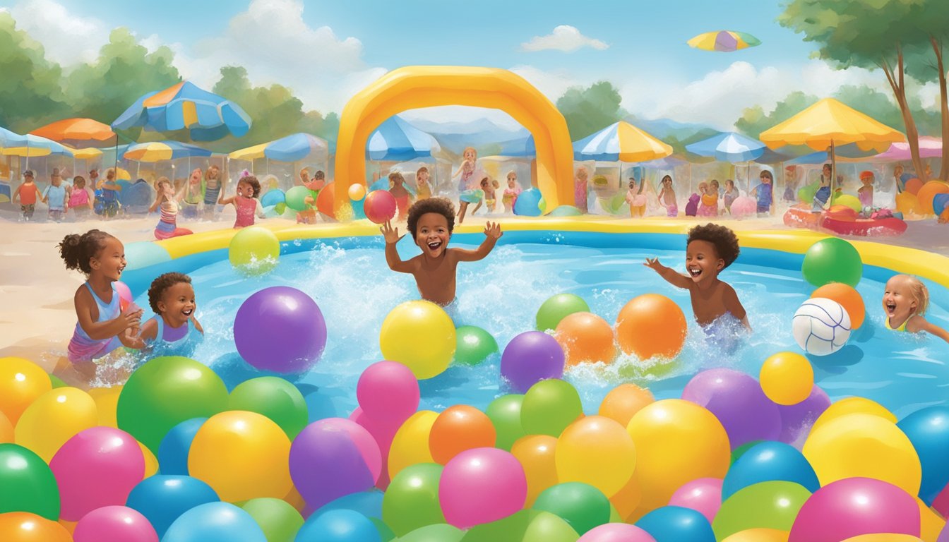 Children happily splashing in various sized and capacity kiddie pools at Harris Teeter, surrounded by colorful inflatable toys and beach balls