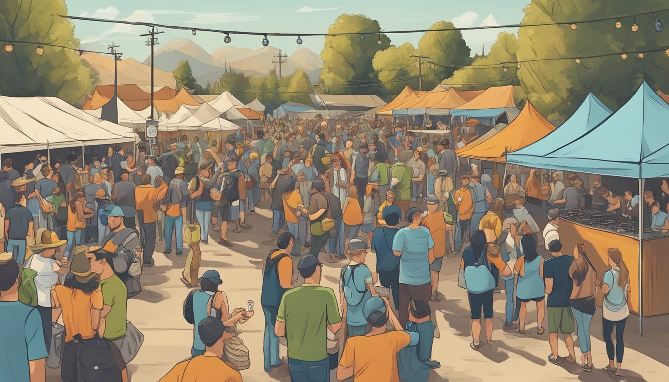 A bustling craft beer festival in Fresno, CA, with vendors, live music, and enthusiastic attendees enjoying the local brews