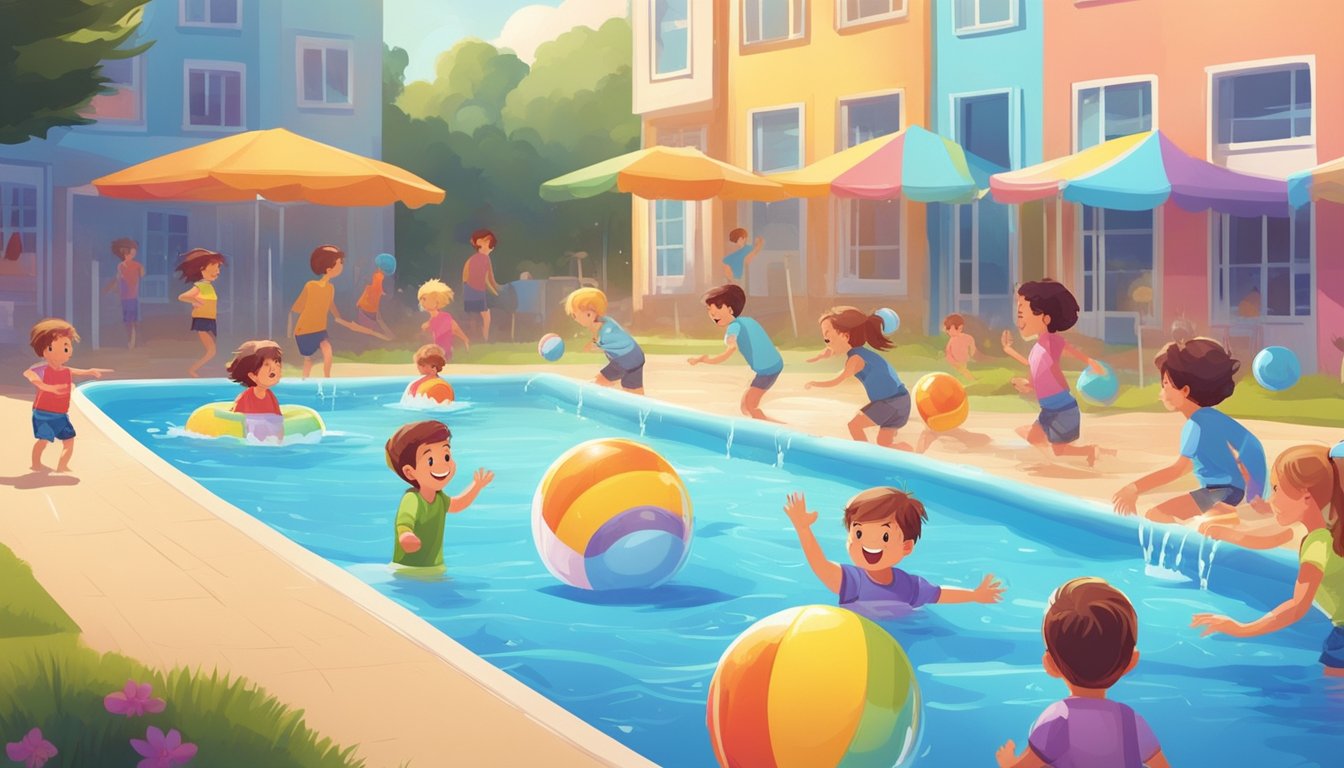 Colorful kiddie pools lined up in a row, surrounded by happy kids splashing and playing in the water under the warm summer sun