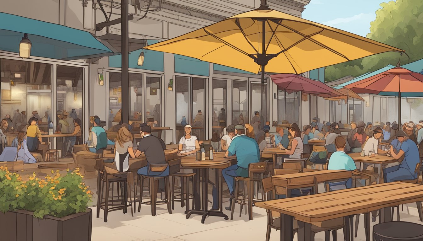 A bustling brewery patio with colorful umbrellas, wooden tables, and patrons enjoying craft beer and local cuisine in Fresno, CA