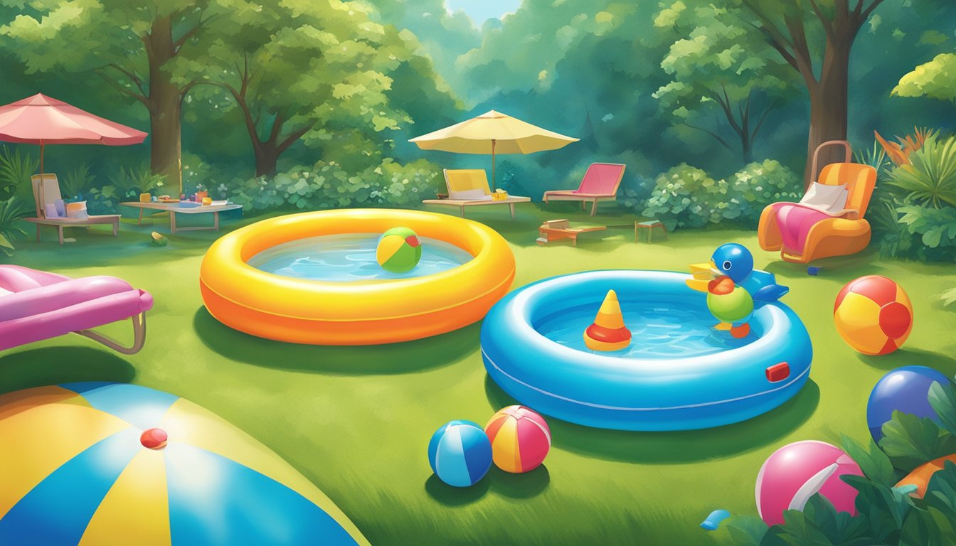 Colorful inflatable pool toys and accessories surround a sparkling blue kiddie pool, set against a backdrop of sunny skies and lush greenery