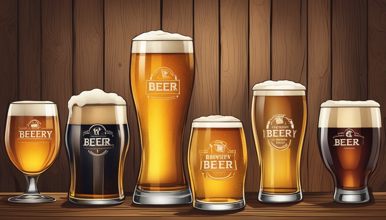 A group of beer glasses arranged on a wooden table, each filled with a different local craft beer. A rustic backdrop with brewery signs and beer barrels