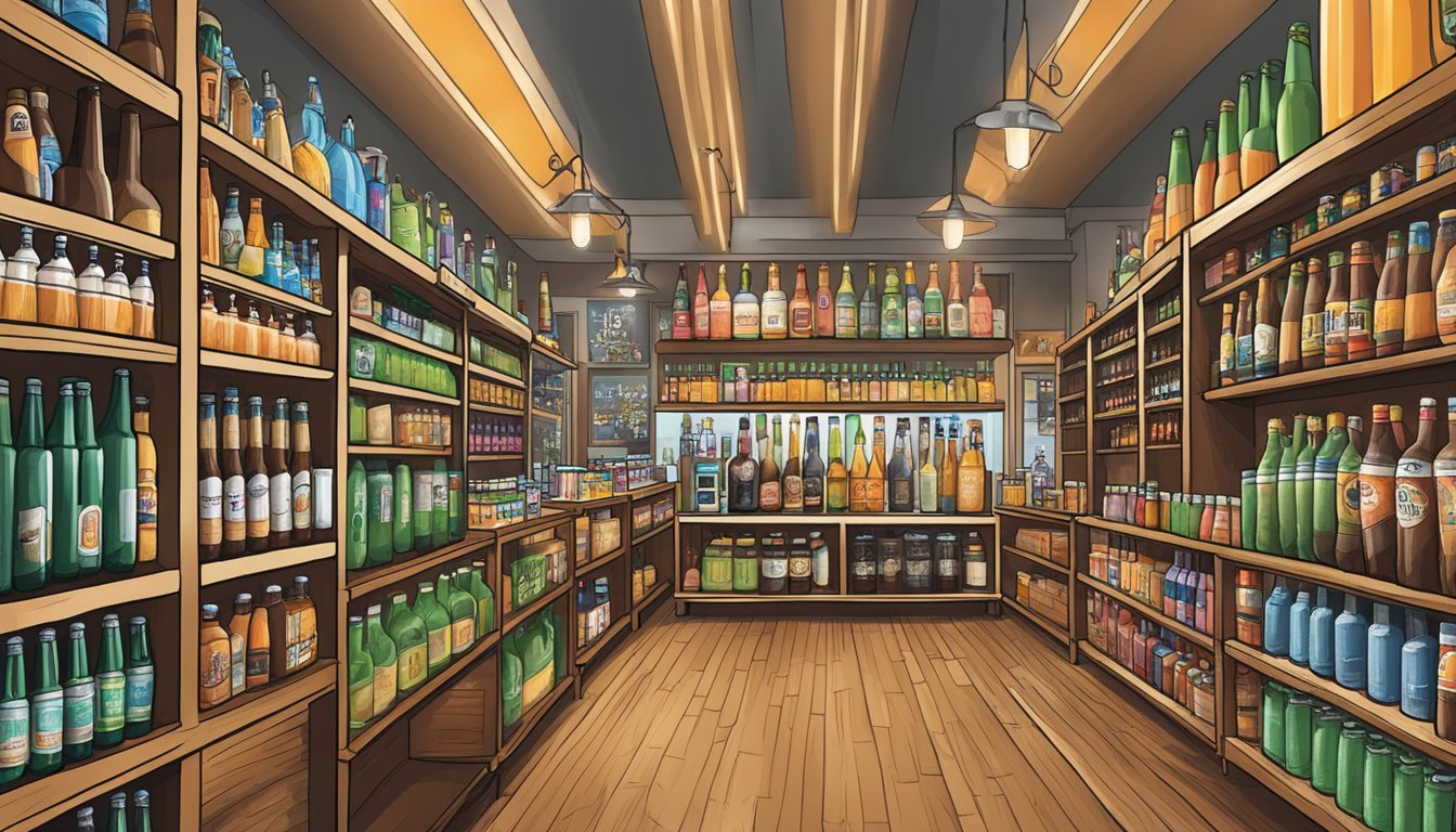 A bustling craft beer retail shop with shelves lined with colorful bottles and merchandise, showcasing the local Fresno, CA beer scene