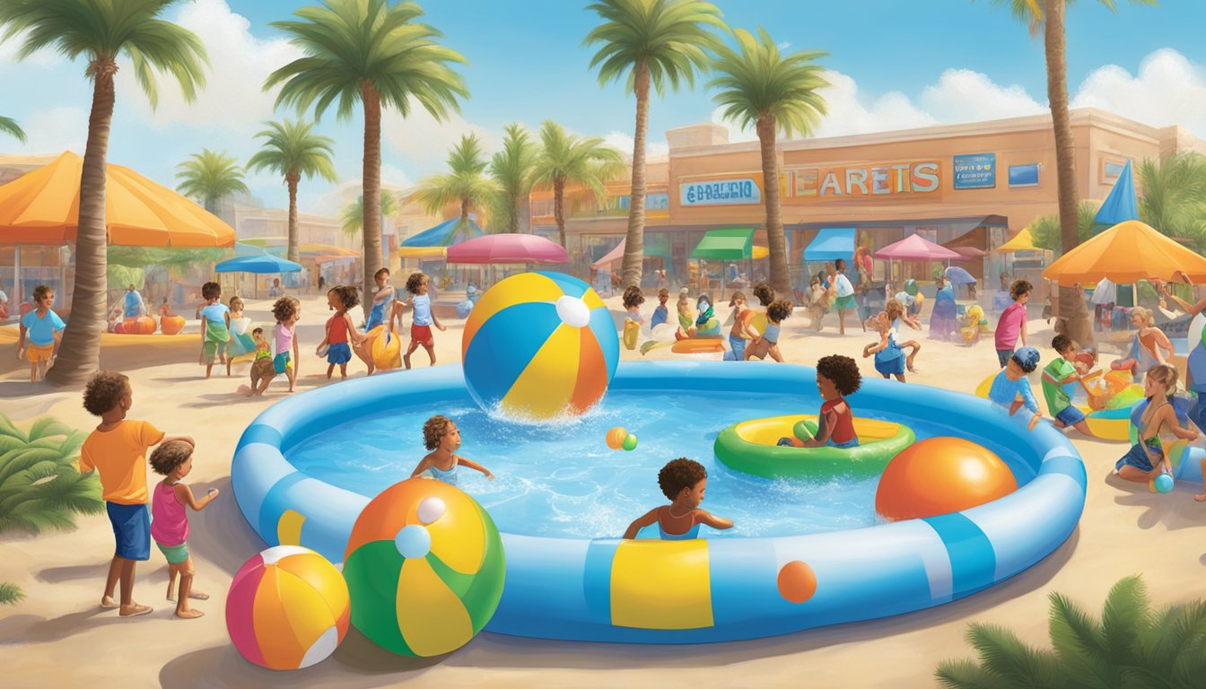 Children playing in Harris Teeter kiddie pools surrounded by colorful inflatable toys and beach balls, with a backdrop of sunny blue skies and palm trees