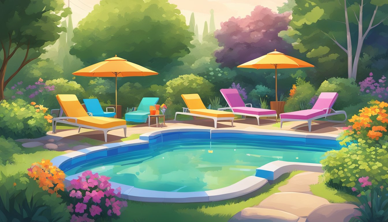 A colorful kiddie pool surrounded by lounge chairs and umbrellas in a lush backyard garden