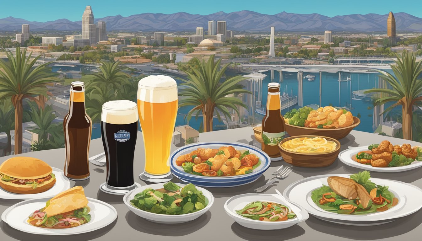 A table set with an array of gourmet dishes and local craft beers, with a backdrop of Fullerton, CA landmarks