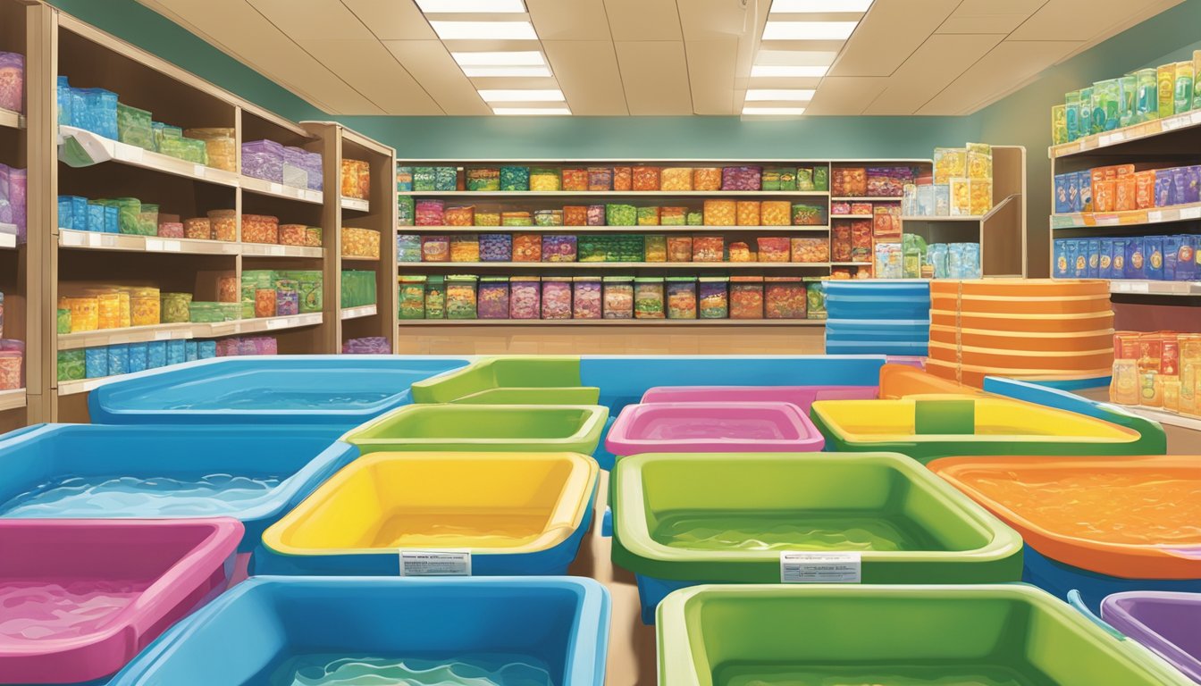 Colorful kiddie pools of various sizes and shapes fill a display at Harris Teeter, with price tags indicating affordability. Sunlight streams through the store windows, casting a warm glow over the scene