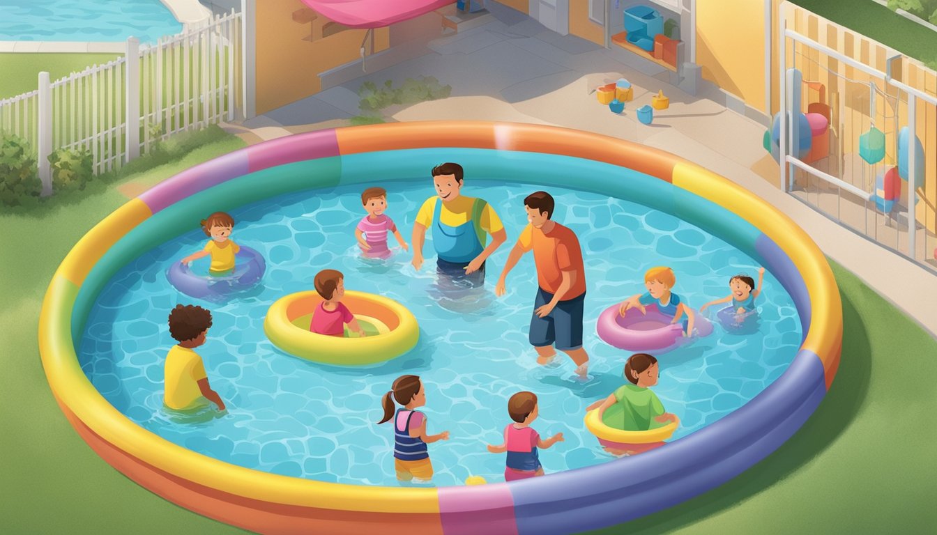 Children playing in a colorful kiddie pool with adults supervising nearby. The pool is surrounded by safety precautions such as a fence and non-slip surface