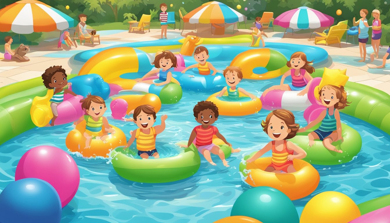 A vibrant kiddie pool surrounded by colorful inflatable toys and lounging chairs, with splashing water and happy children playing