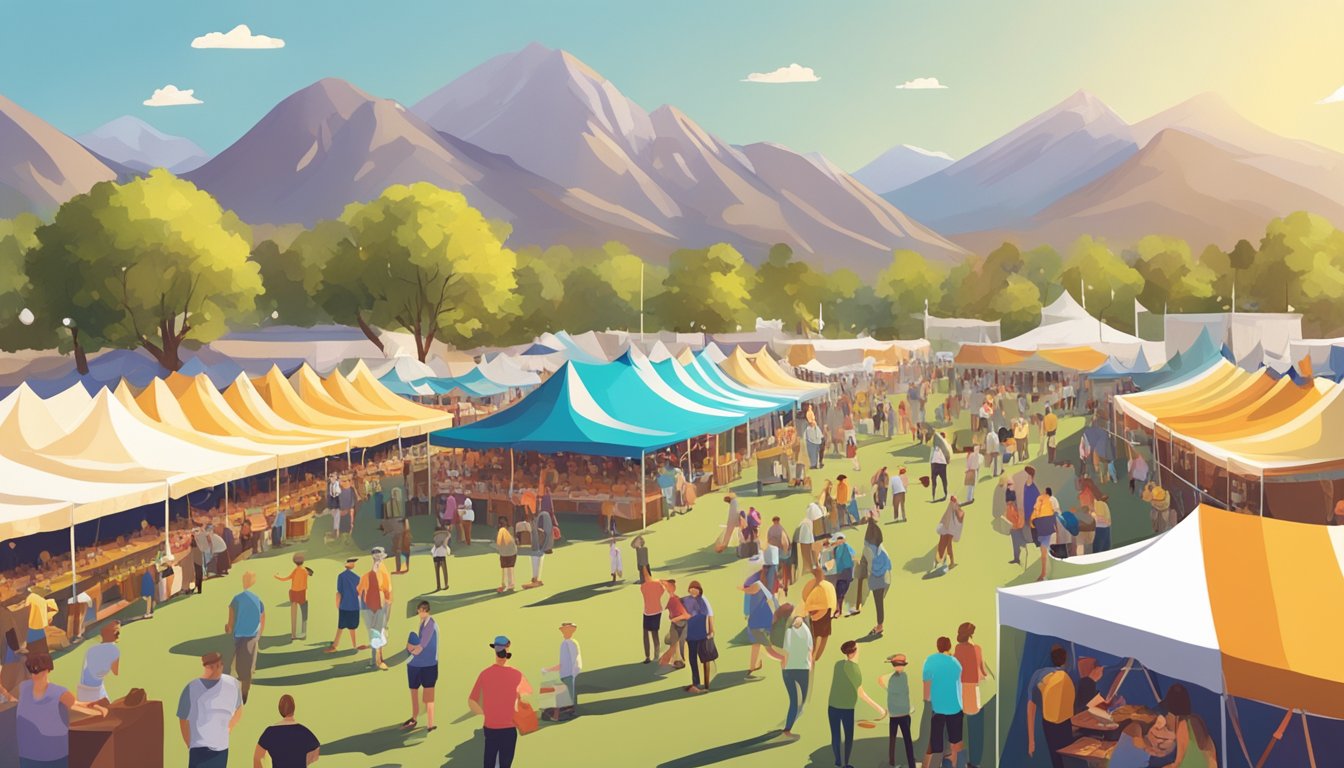 A bustling craft beer festival in Glendale, with rows of colorful tents, lively music, and people enjoying tastings in the sunshine