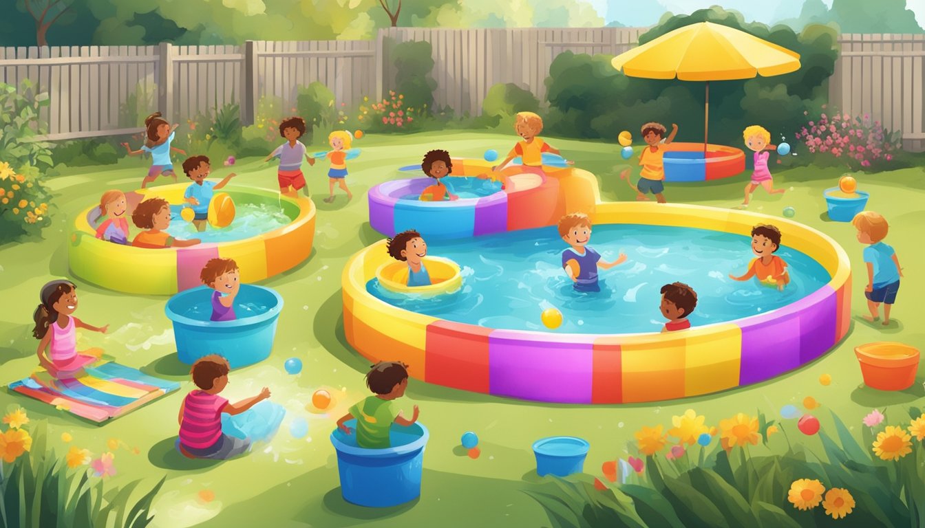 A sunny backyard with a variety of colorful kiddie pools, surrounded by happy children playing and splashing in the water