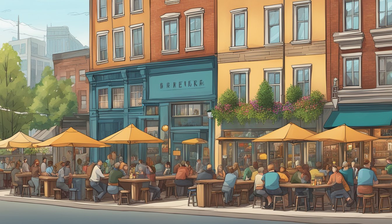 A bustling street lined with colorful craft breweries and brewpubs, with patrons enjoying drinks at outdoor tables