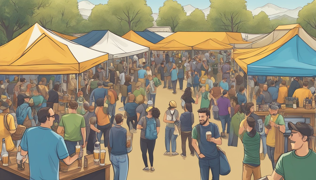 A bustling craft beer festival in Hayward, CA with diverse breweries and lively patrons sampling a variety of unique and flavorful brews