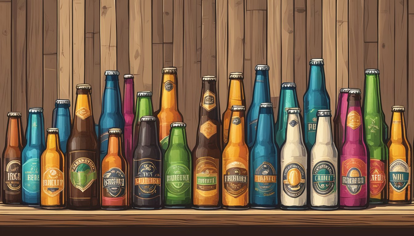 A row of colorful craft beer bottles and cans arranged on a rustic wooden table, with the brewery's logo prominently displayed