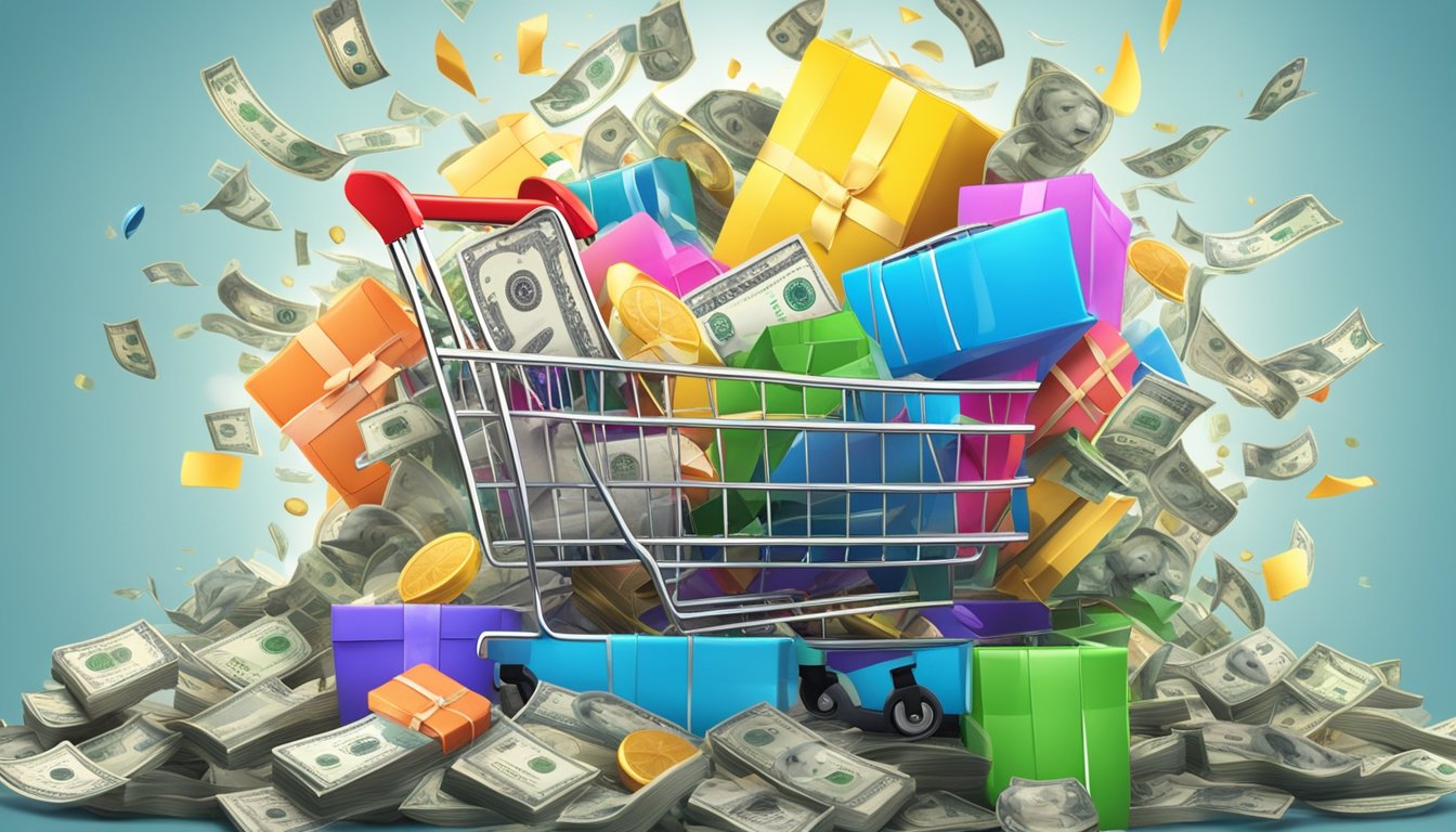 A colorful shopping cart overflowing with discounted items splashes into a pool of money