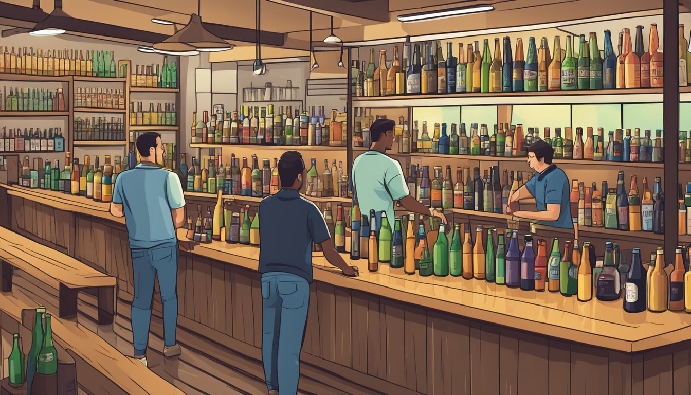 A bustling craft beer shop with rows of colorful bottles and taps, customers sampling and chatting with the knowledgeable staff