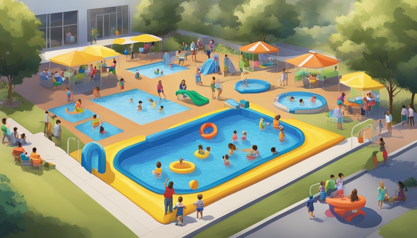 A variety of colorful and affordable kiddie pools are displayed in a large outdoor area, with families and children enjoying the water in the background