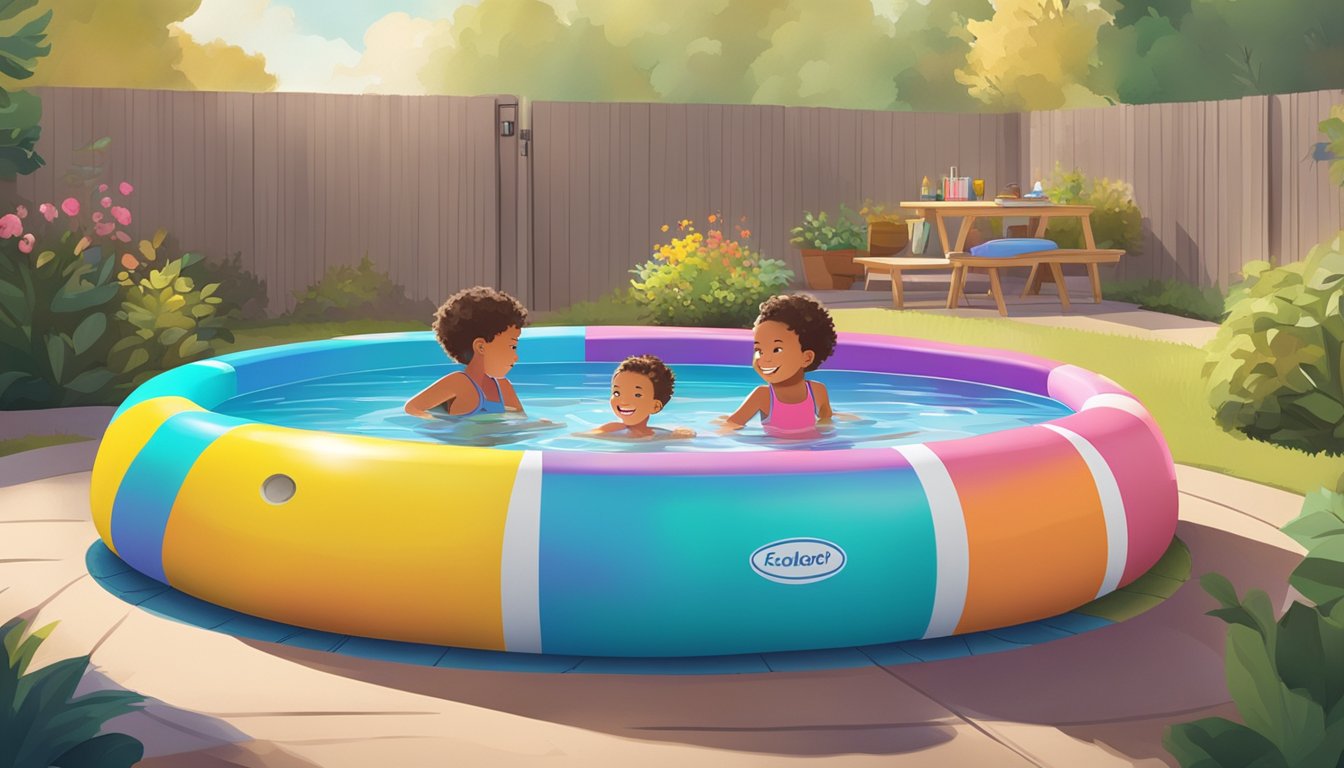 A colorful kiddie pool with built-in smart safety features and affordable pricing, surrounded by a relaxing outdoor setting