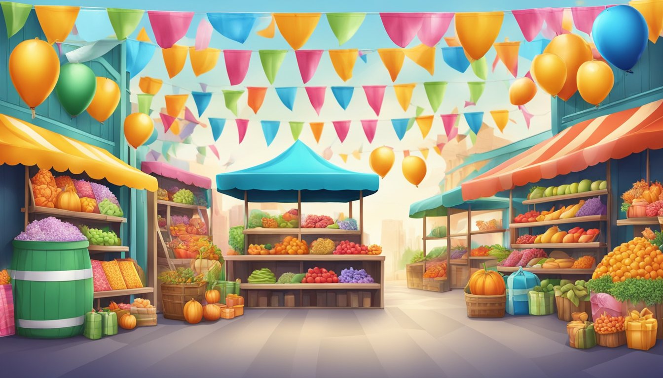 A vibrant display of seasonal items on sale, surrounded by colorful banners and signs