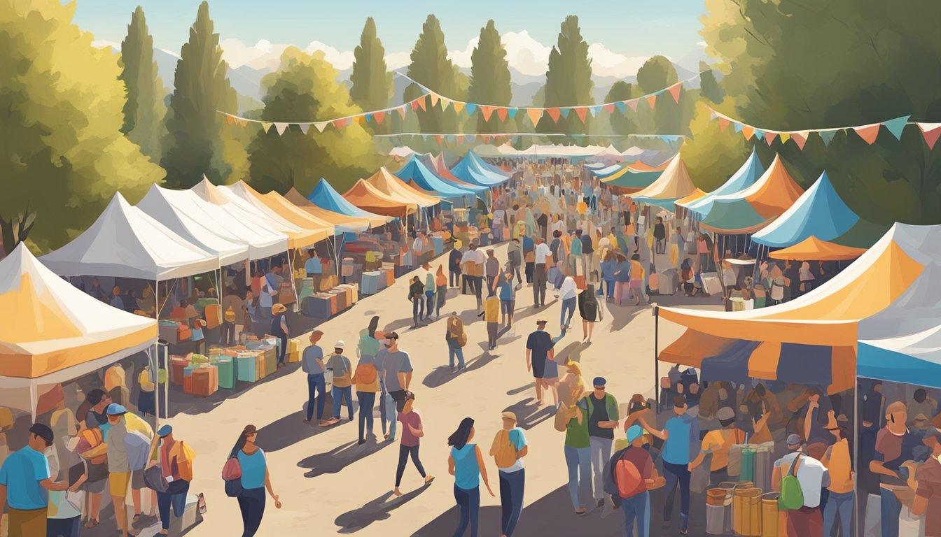 A bustling craft beer festival in Modesto, CA, with rows of colorful tents, live music, and people enjoying tastings and socializing