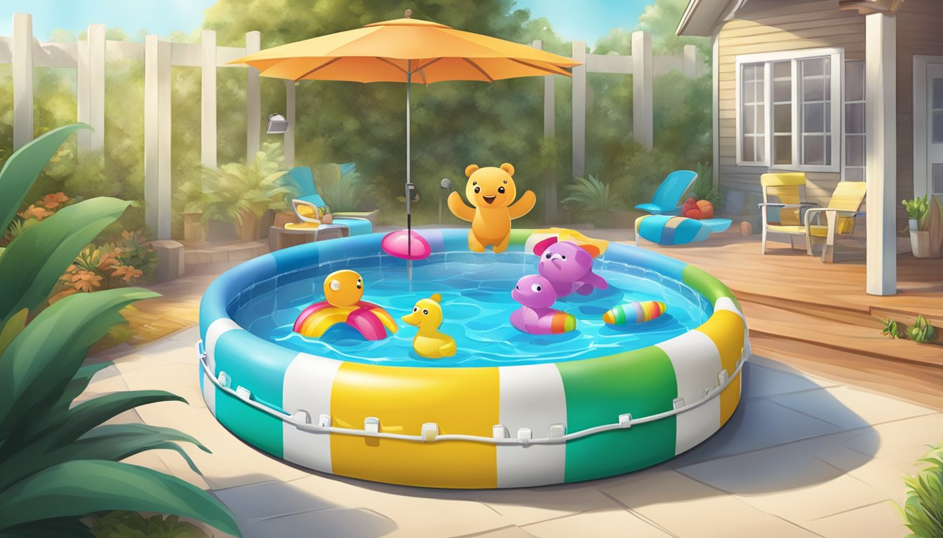 A colorful kiddie pool surrounded by smart pool accessories, creating a fun and affordable way to cool down on a hot day