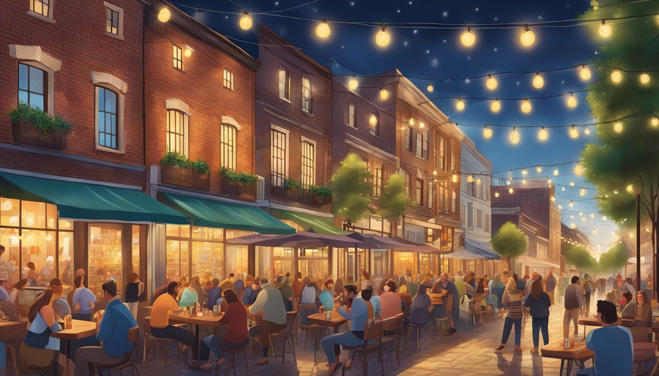 A bustling street lined with colorful brewpubs and beer bars, with patrons enjoying craft beers at outdoor tables under twinkling string lights