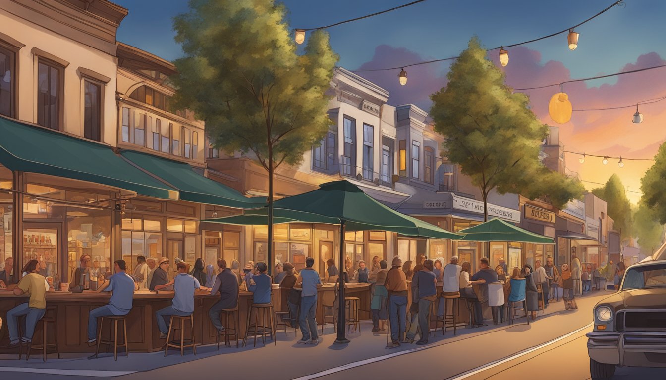 A bustling Modesto street lined with unique craft beer breweries and cozy local bars, with patrons enjoying tastings and live music