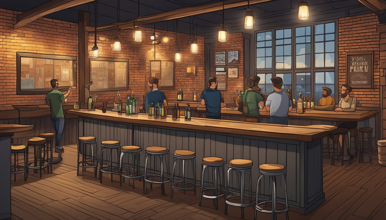 A cozy taproom with warm lighting, exposed brick walls, and a rustic wooden bar. Patrons chat over pints while enjoying the industrial-chic decor